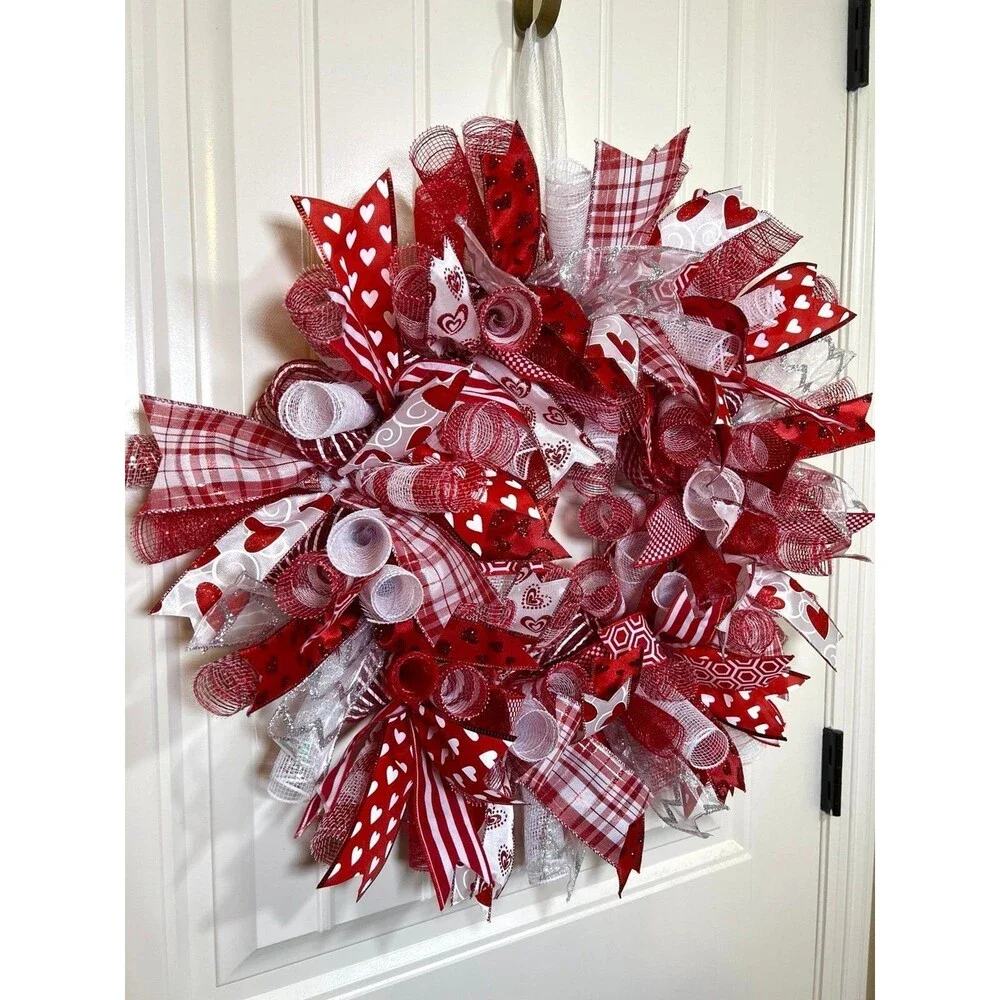 Handmade 22” Valentine’s Day Ribbon Mesh Wreath Hearts in Red & Pink w24